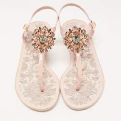 Pre Owned Dolce & Gabbana Pink Rubber Crystal embellished Thong Flat Sandals Size 40