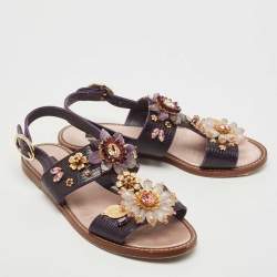 Pre Owned Dolce & Gabbana Purple Lizard Embossed Leather Embellished Ankle Strap Flat Sandals Size 41