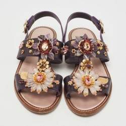 Pre Owned Dolce & Gabbana Purple Lizard Embossed Leather Embellished Ankle Strap Flat Sandals Size 41