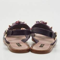 Pre Owned Dolce & Gabbana Purple Lizard Embossed Leather Embellished Ankle Strap Flat Sandals Size 41