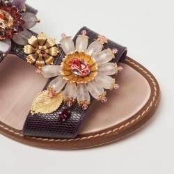 Pre Owned Dolce & Gabbana Purple Lizard Embossed Leather Embellished Ankle Strap Flat Sandals Size 41
