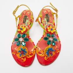 Dolce & Gabbana Multicolor Printed Patent Leather Embellished Ankle Strap Sandals Size 38
