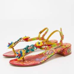 Dolce & Gabbana Multicolor Printed Patent Leather Embellished Ankle Strap Sandals Size 38