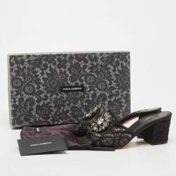 Pre Owned Dolce & Gabbana Black Lace Crystal Embellished Bianca Slide Sandals Size 36