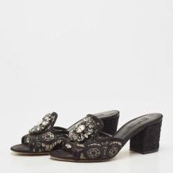 Pre Owned Dolce & Gabbana Black Lace Crystal Embellished Bianca Slide Sandals Size 36