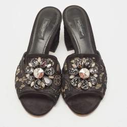 Pre Owned Dolce & Gabbana Black Lace Crystal Embellished Bianca Slide Sandals Size 36