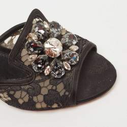 Pre Owned Dolce & Gabbana Black Lace Crystal Embellished Bianca Slide Sandals Size 36