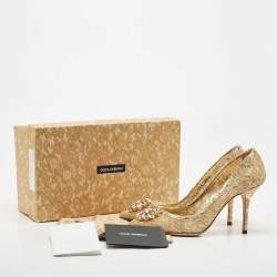 Pre Owned Dolce & Gabbana Gold Lace Bellucci Crystal Embellished Pumps Size 39