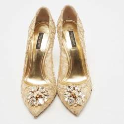 Pre Owned Dolce & Gabbana Gold Lace Bellucci Crystal Embellished Pumps Size 39