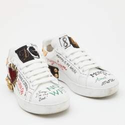 Pre Owned Dolce & Gabbana White Leather Portofino Embellished Low Top Sneakers Size 38