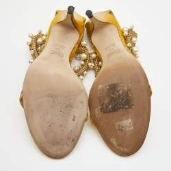 مملوكة مسبقًا Dolce & Gabbana Metallic Yellow Python Embossed Leather Embellished Ankle Strap Sandals Size 40