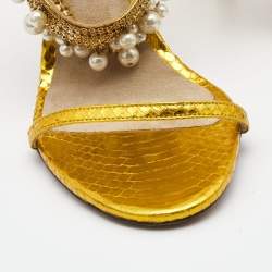 مملوكة مسبقًا Dolce & Gabbana Metallic Yellow Python Embossed Leather Embellished Ankle Strap Sandals Size 40