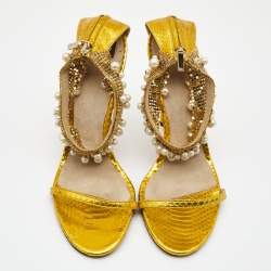 مملوكة مسبقًا Dolce & Gabbana Metallic Yellow Python Embossed Leather Embellished Ankle Strap Sandals Size 40