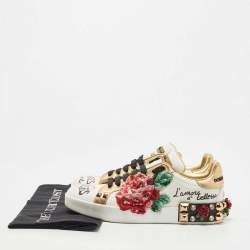 Pre Owned Dolce & Gabbana White Leather Flower Applique and Studded Portofino Sneakers Size 39