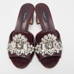 Dolce & Gabbana Burgundy Lizard Embossed Crystal Embellished Slide Sandals Size 37