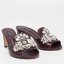 Dolce & Gabbana Burgundy Lizard Embossed Crystal Embellished Slide Sandals Size 37