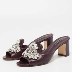 Dolce & Gabbana Burgundy Lizard Embossed Crystal Embellished Slide Sandals Size 37