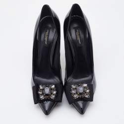 Pre Owned Dolce & Gabbana Black Patent Leather Crystal Embellished Bow Pumps Size 38.5