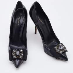 Pre Owned Dolce & Gabbana Black Patent Leather Crystal Embellished Bow Pumps Size 38.5