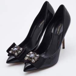 Pre Owned Dolce & Gabbana Black Patent Leather Crystal Embellished Bow Pumps Size 38.5