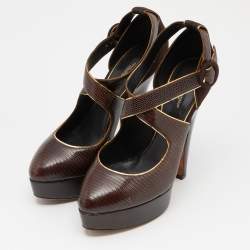 Dolce & Gabbana Brown Embossed Lizard and Suede Cross Ankle Strap Platform Pumps Size 39
