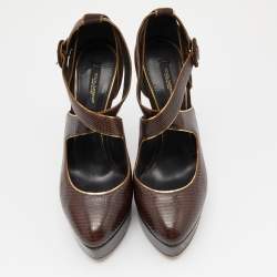 Dolce & Gabbana Brown Embossed Lizard and Suede Cross Ankle Strap Platform Pumps Size 39