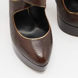 Dolce & Gabbana Brown Embossed Lizard and Suede Cross Ankle Strap Platform Pumps Size 39