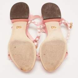 Pre Owned Dolce & Gabbana Pink Satin Pearl Embellished Ankle Strap Flat Sandals Size 39