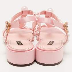 Pre Owned Dolce & Gabbana Pink Satin Pearl Embellished Ankle Strap Flat Sandals Size 39