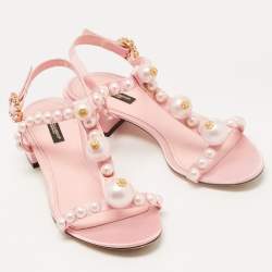Pre Owned Dolce & Gabbana Pink Satin Pearl Embellished Ankle Strap Flat Sandals Size 39