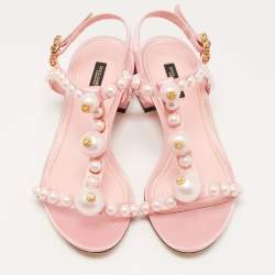 Pre Owned Dolce & Gabbana Pink Satin Pearl Embellished Ankle Strap Flat Sandals Size 39