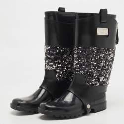 Pre Owned Dolce & Gabbana Black Rubber, Leather and Sequins Rain Boots Size 41