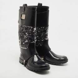 Pre Owned Dolce & Gabbana Black Rubber, Leather and Sequins Rain Boots Size 41