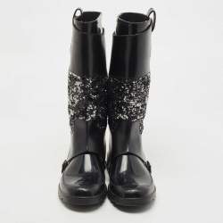 Pre Owned Dolce & Gabbana Black Rubber, Leather and Sequins Rain Boots Size 41