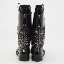 Pre Owned Dolce & Gabbana Black Rubber, Leather and Sequins Rain Boots Size 41