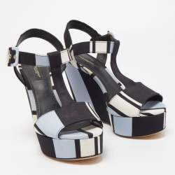 Pre Owned Dolce & Gabbana Tricolor Printed Fabric T-Strap Wedge Sandals Size 39