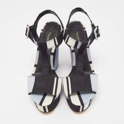 Pre Owned Dolce & Gabbana Tricolor Printed Fabric T-Strap Wedge Sandals Size 39