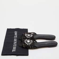 Dolce & Gabbana Black Lace and Satin Sofia Crystal Embellished Slides Size 37.5