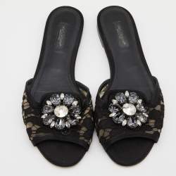 Dolce & Gabbana Black Lace and Satin Sofia Crystal Embellished Slides Size 37.5