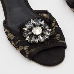 Dolce & Gabbana Black Lace and Satin Sofia Crystal Embellished Slides Size 37.5