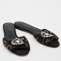 Dolce & Gabbana Black Lace and Satin Sofia Crystal Embellished Slides Size 37.5