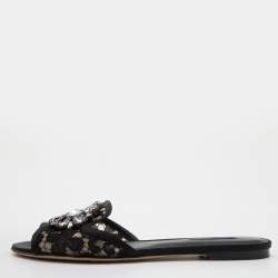 Dolce & Gabbana Black Lace and Satin Sofia Crystal Embellished Slides Size 37.5