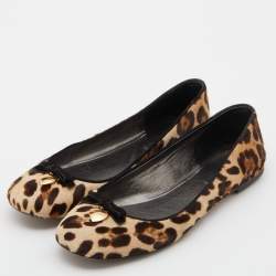 Pre Owned Dolce & Gabbana Brown Leopard Print Calfhair and Suede Bow Detail Ballet Flats Size 40
