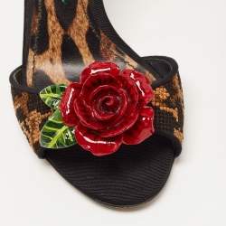 Pre Owned Dolce & Gabbana Beige/Black Leopard Print Canvas and Satin Rose Applique Ankle Strap Sandals Size 37