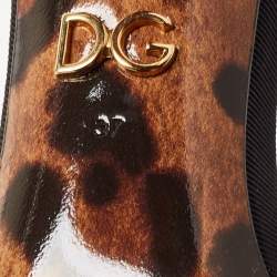 Pre Owned Dolce & Gabbana Beige/Black Leopard Print Canvas and Satin Rose Applique Ankle Strap Sandals Size 37