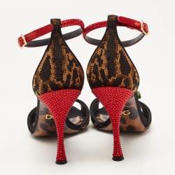 Pre Owned Dolce & Gabbana Beige/Black Leopard Print Canvas and Satin Rose Applique Ankle Strap Sandals Size 37