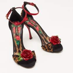 Pre Owned Dolce & Gabbana Beige/Black Leopard Print Canvas and Satin Rose Applique Ankle Strap Sandals Size 37