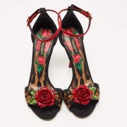 Pre Owned Dolce & Gabbana Beige/Black Leopard Print Canvas and Satin Rose Applique Ankle Strap Sandals Size 37