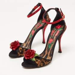 Pre Owned Dolce & Gabbana Beige/Black Leopard Print Canvas and Satin Rose Applique Ankle Strap Sandals Size 37