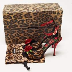 Pre Owned Dolce & Gabbana Beige/Black Leopard Print Canvas and Satin Rose Applique Ankle Strap Sandals Size 37